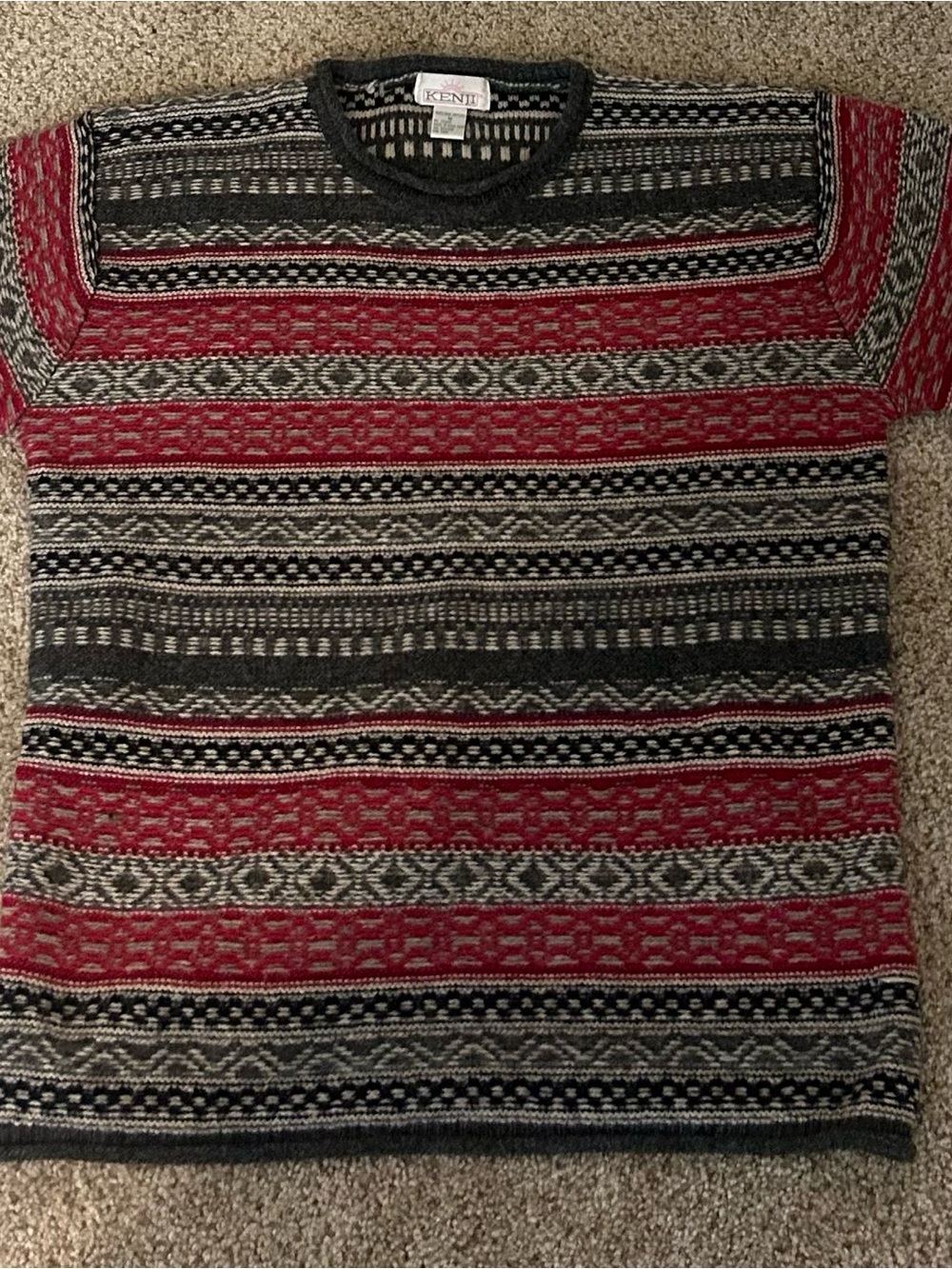 Women’s Red, Gray and Black Striped Crewneck Sweater measurements in photos